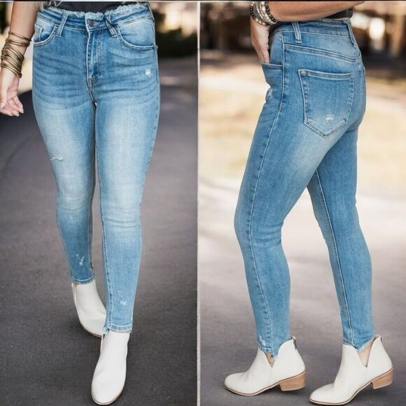 Risen High Rise Frayed Waist Vintage Wash Skinny Jeans Size 1XL - Picture 5 of 16